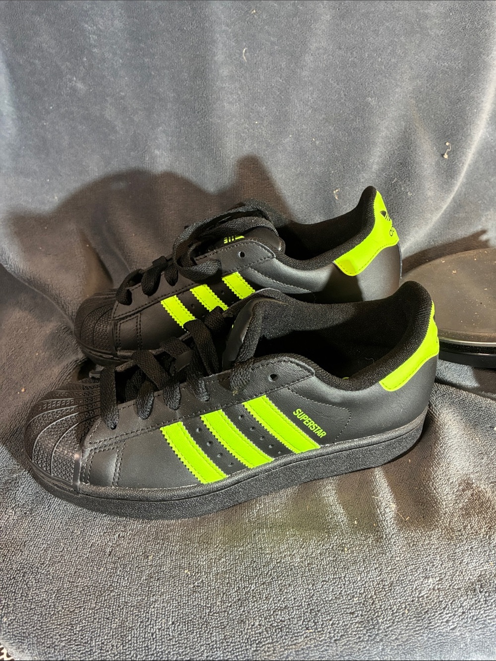 adidas Kids Superstar Sneakers in Black with Neon Green Stripes